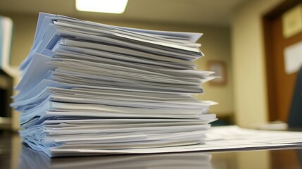 A large stack of papers sits on a desk, suggesting a busy workday.