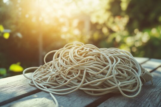 A tangled mass of beige electrical cords rests on a weathered wooden surface outdoors in sunlight.