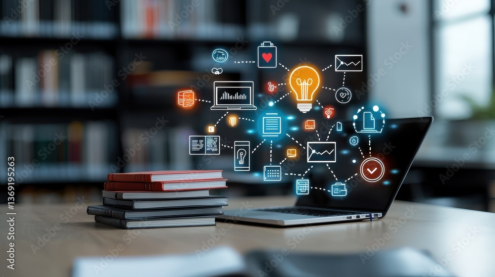 Poster a laptop on a desk surrounded by an array of digital icons representing various aspects of technolog