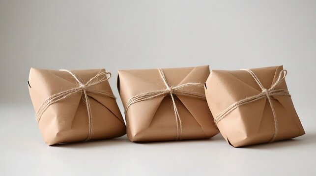 Rustic brown paper packages tied with twine arranged in a neat row on a minimalist light background