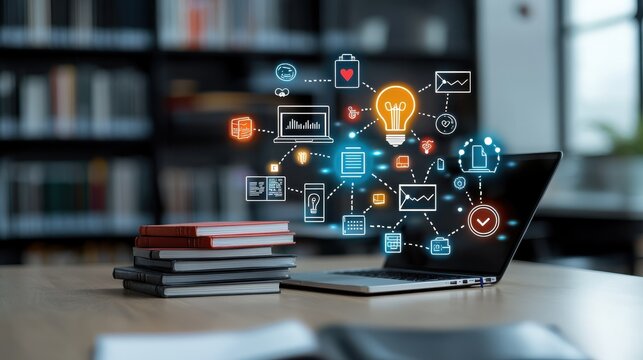 A laptop on a desk surrounded by an array of digital icons representing various aspects of technology education and learning