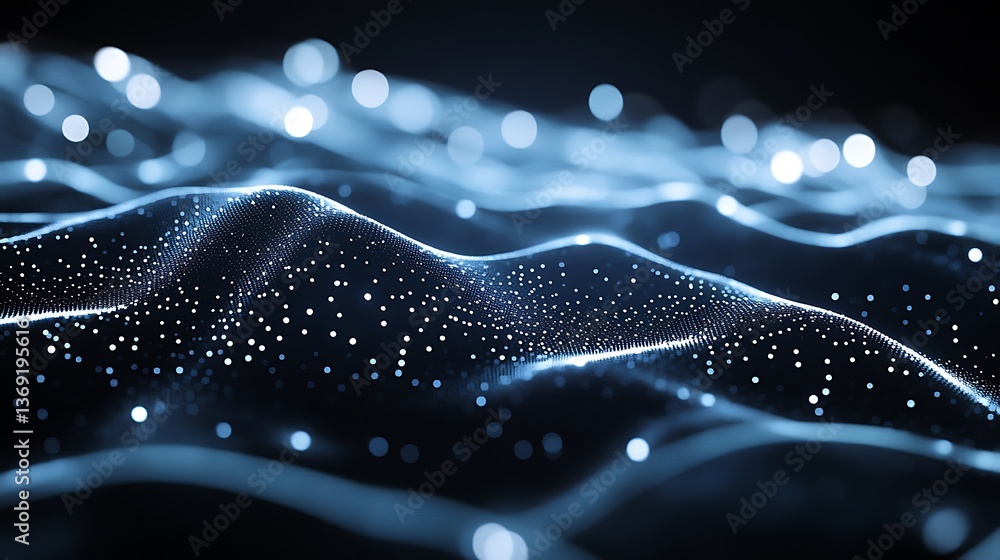 Poster abstract data landscape: glowing particle wave in deep blue cyberpunk digital backdrop for modern vi