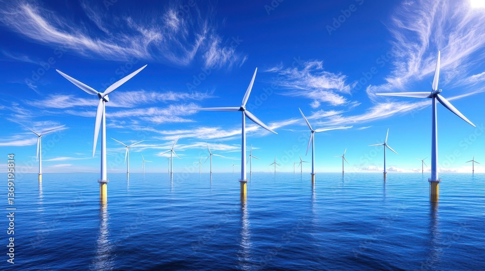 Poster offshore wind farm with multiple turbines standing tall in the open ocean harnessing the power of th