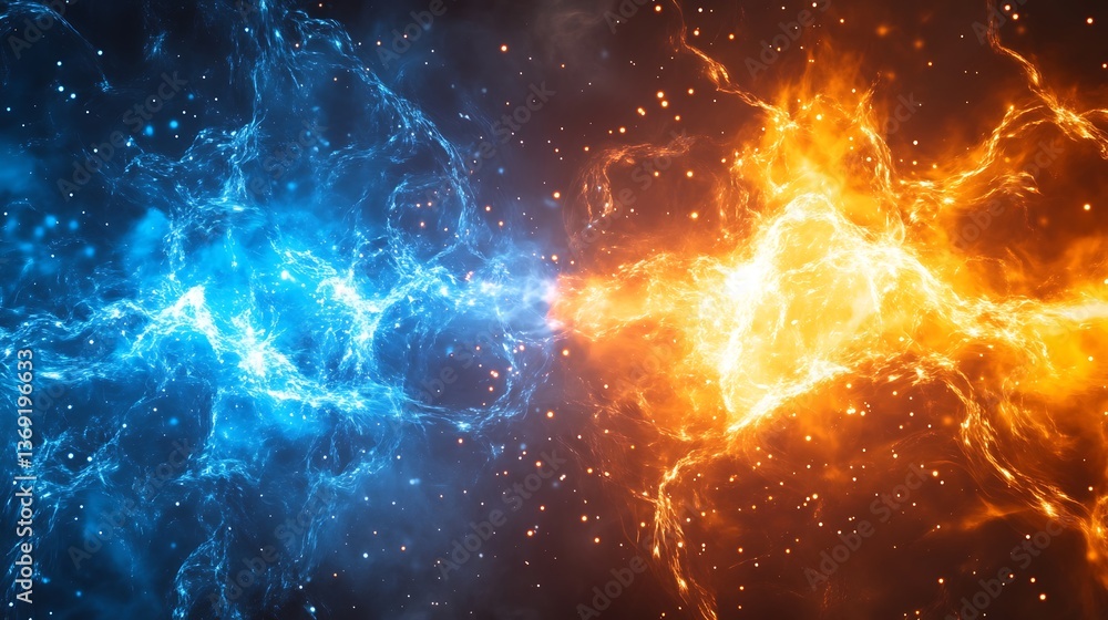 Poster abstract energetic background: blue and orange nebula with twisting structures and glowing particles