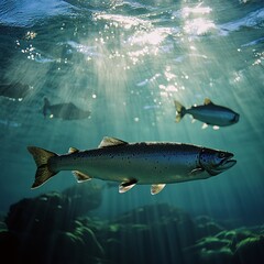 Naklejka premium Salmon are anadromous fish, meaning they're born in freshwater, spend most of their lives in the ocean, and then return to freshwater to spawn. They're known for their impressive migrations, swimming