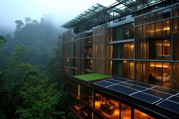 Obraz premium Luxurious eco-friendly hotel nestled in a lush rainforest, showcasing sustainable architecture and solar panels.