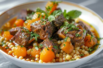 Moroccan Lamb Tagine in white ceramic bowl, saffron apricot glaze, served with couscous pearls and