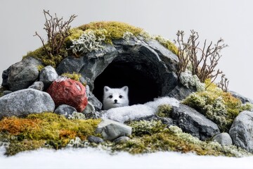 Arctic fox peeking out of its snowy rock den, a captivating winter scene.