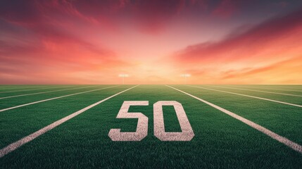 Serene Football Field at Sunset with 50 Yard Line Marking