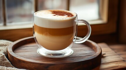 Clear glass mug with layered latte and frothy milk foam on wooden tray, surrounded by scattered coffee beans in warm setting