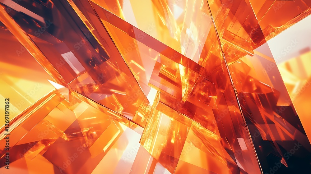 Poster abstract geometric orange background with intersecting transparent planes and dynamic light effects 