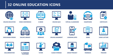 online aducation icon pack, solid icon collection