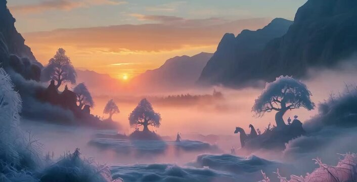 A breathtaking sunset unfolds over a mystical fairyland, swathed in a delicate mist and frost, set against the backdrop of rugged, towering mountains that stretch towards the sky