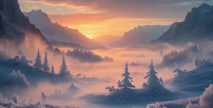 A breathtaking sunset unfolds over a mystical fairyland, swathed in a delicate mist and frost, set against the backdrop of rugged, towering mountains that stretch towards the sky