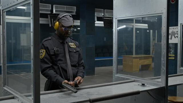 Medium shot of confident young African American policeman standing at stall at indoor shooting gallery, putting on earmuffs then aiming gun at target, while practicing alone to improve marksmanship