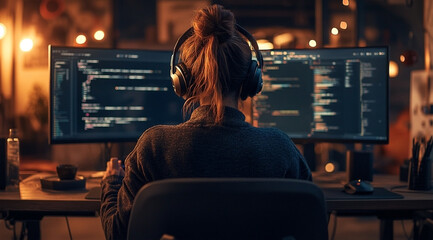 Focused Programmer: Woman Coding with Dual Monitors and Headphones