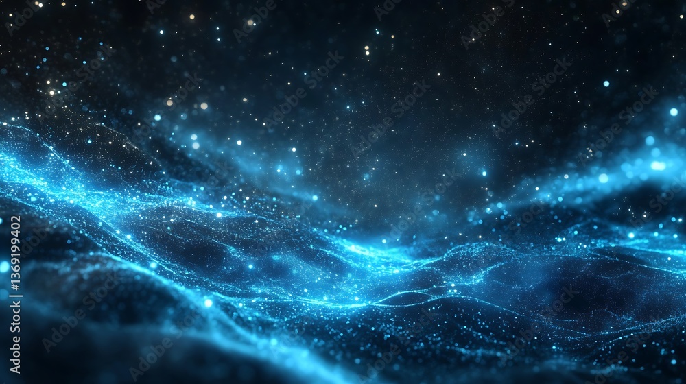 Poster abstract glowing particles background: elegant blue light streaks and sparkling dots floating in a d