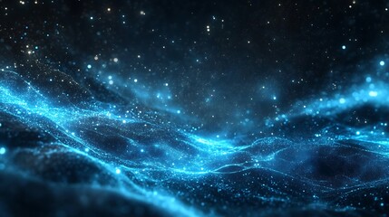 Abstract Glowing Particles Background: Elegant Blue Light Streaks and Sparkling Dots Floating in a Dark Space.