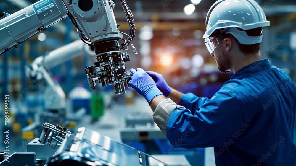 Aufkleber precision and progress: a skilled engineer meticulously inspects and adjusts the robotic arm in a mo