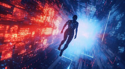Futuristic figure flying through digital tunnel.