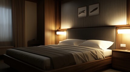 A modern wood-framed bed with a deep charcoal gray upholstered headboard and a calming bedroom atmosphere with ambient lighting.