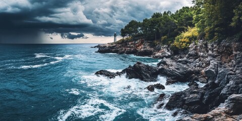Obraz premium A dramatic coastal scene with rocky shores, turbulent waves, and a lighthouse under stormy skies.