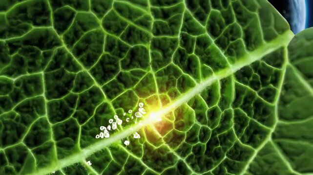 Microscopic leaf surface morphing into planetary view, revealing interconnected scales with distant constellation backdrop, symbolizing natural world's intricate planetary networks
