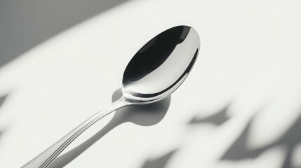 A gleaming silver spoon rests on a white surface, casting a dramatic shadow.