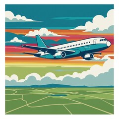 Fototapeta premium Vibrant Illustration of an Airplane in Flight Over a Colorful Landscape, Perfect for Aviation Themed Designs and Travel Concepts.