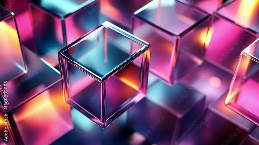 Poster illuminated cubes abstract: a mesmerizing display of reflective, transparent cubes arranged in a dyn