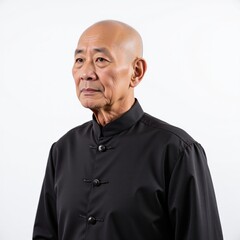 Fototapeta premium A Portrait of a Senior Asian Male in Traditional Black Garb, Exhibiting Wisdom and Poise Against a Neutral Background