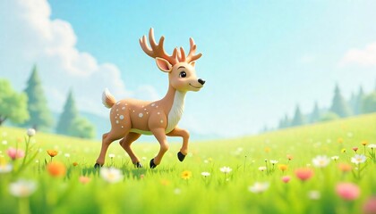 Adorable Cartoon Deer Galloping Through a Sunny Spring Meadow Filled with Wildflowers