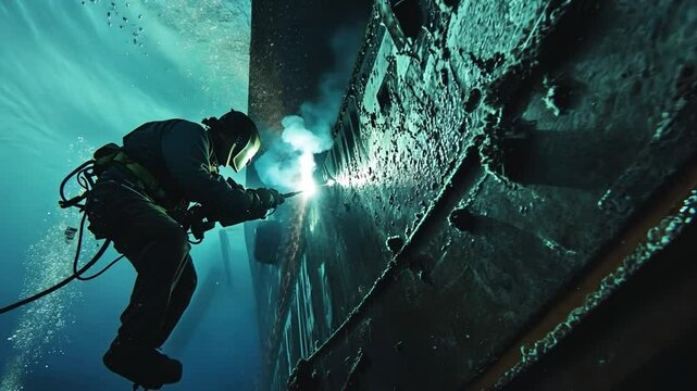 Underwater Welding: A skilled welder, clad in protective gear, performs his craft deep underwater on a submerged structure, the arc of the weld illuminating the surrounding aquatic environment.