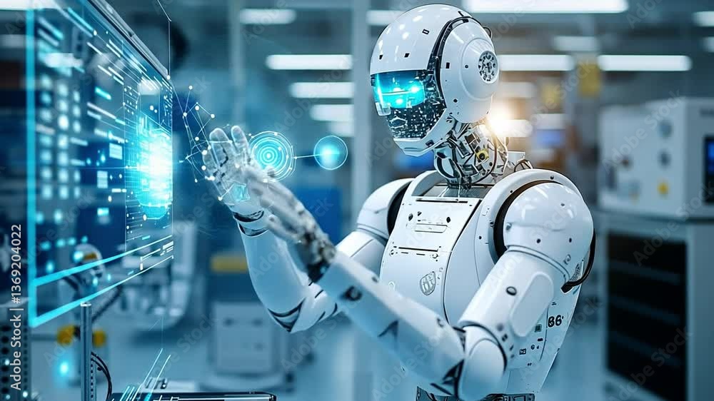 Poster robotic assistant: a sleek, advanced robot interacts with futuristic holographic displays in a cutti