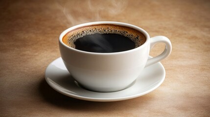 Obraz premium Steaming cup of black coffee on a table.