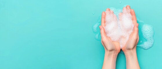 Proper hand washing for hygiene and disease prevention concept. Hands holding bubbles over a turquoise background, creating a refreshing and vibrant visual.