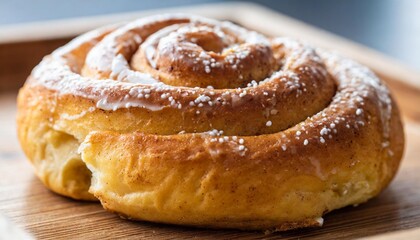 Flaky Orange Cinnamon Bun with Icing Shot Close-Up on Wooden Tray in Soft Morning Bakery Light Glow
