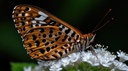 Obraz premium Close-up of a butterfly resting on a cluster of white flowers. Detailed view of its patterned wings and delicate body