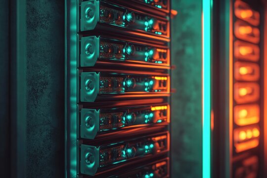 Close-up view of illuminated server racks in a data center, showcasing technological infrastructure.