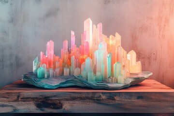 Crystal city skyline art, vibrant colors, futuristic architecture, digital art.