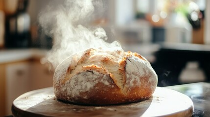 Warm, crusty sourdough loaf emitting steam.