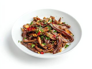 Fototapeta premium Serving Delicious Stir-fried Mushrooms with Peanut and Chili Flakes