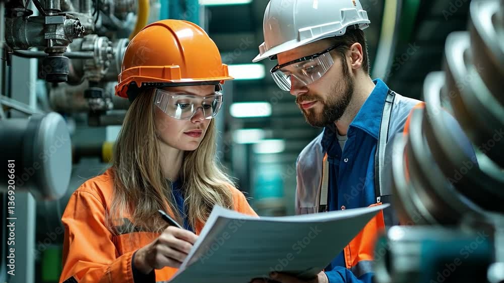 Aufkleber blueprint of progress: two diligent engineers, clad in protective gear, poring over a blueprint with