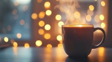 Obraz premium Warm mug of coffee on a table with a cozy, golden bokeh background.