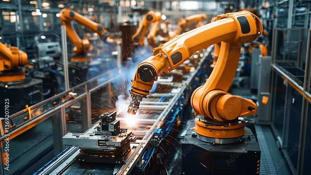 Poster industrial automation: a dynamic view of robotic arms meticulously performing welding operations on 