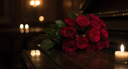 Obraz premium Red Roses and Candlelight on Piano Create Warm and Romantic Ambiance