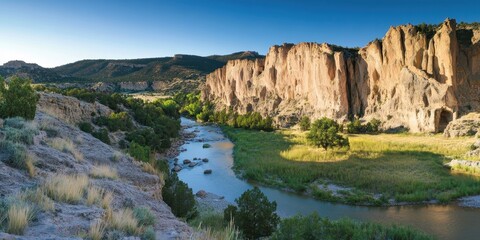 Naklejka premium Scenic view of a river flowing through rocky cliffs and green vegetation under a clear sky.