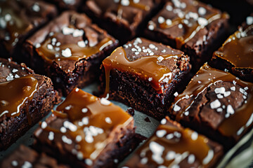Close-up of salted caramel brownies cut into squares, arranged on a tray.