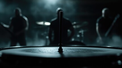 Dark, smoky stage performance. Drum center focus
