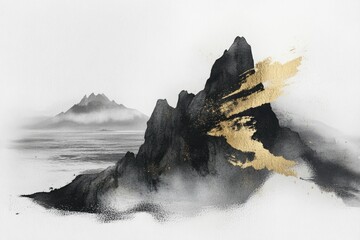 Abstract watercolor painting of misty mountains and sea, accented with gold, evokes serenity and minimalist beauty.